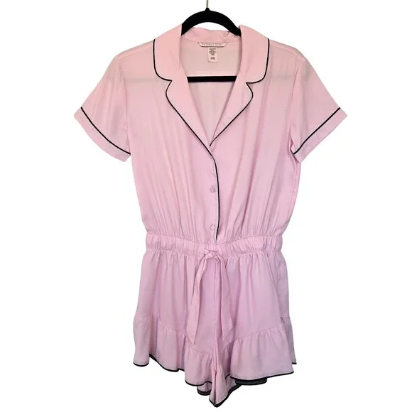 Victoria's Secret Pink Ruffle Romper Pijamas Size S Flirty Coquette Lounge Chic - Picture 2 of 9